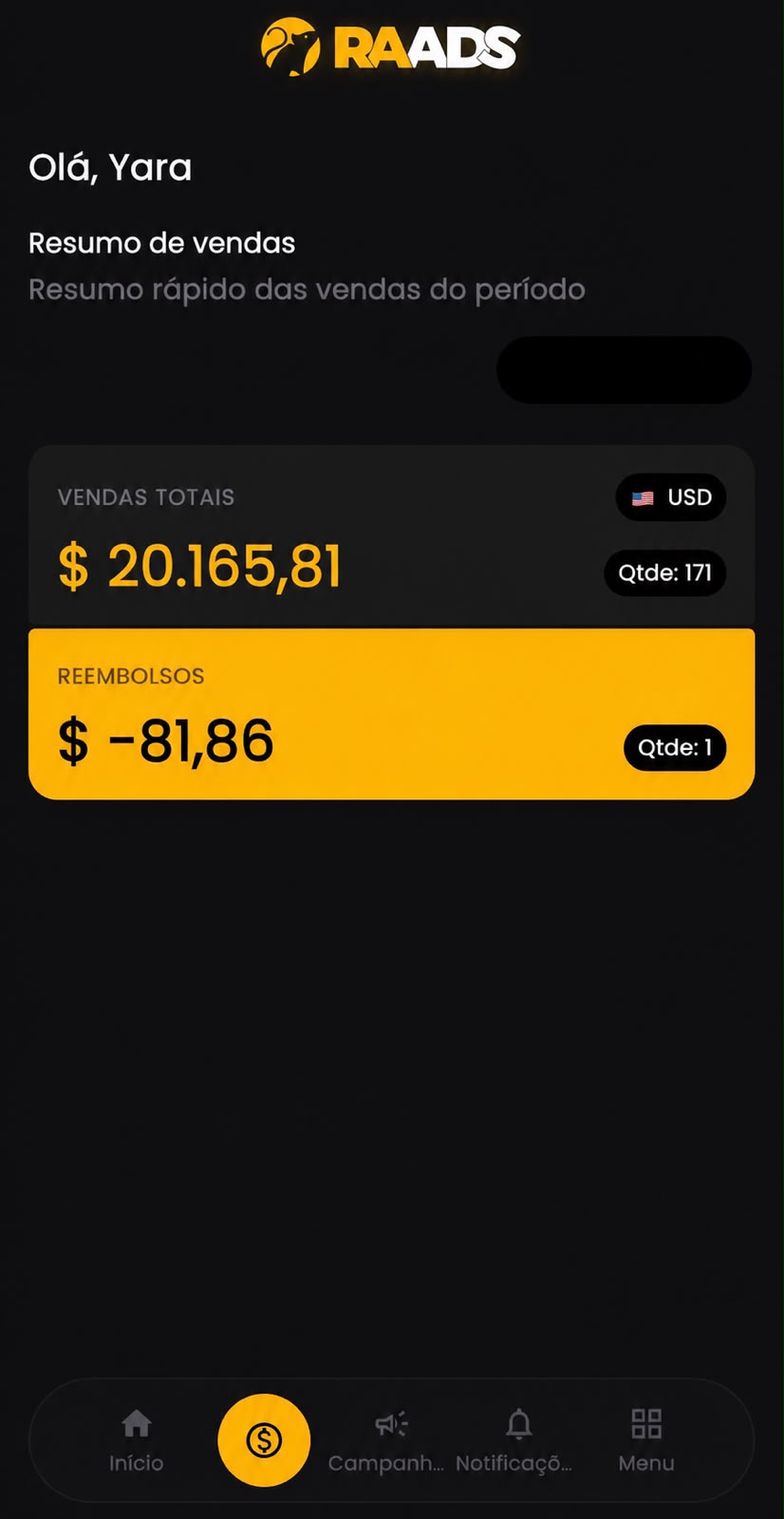 Resumo de vendas com USD 20.165,81 em 171 vendas