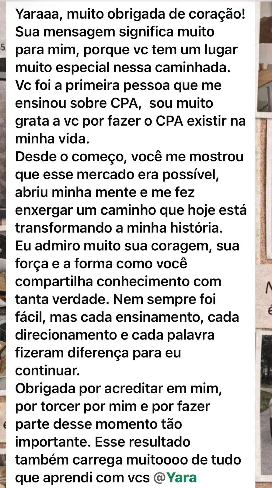 Depoimento de aluna agradecendo pelos ensinamentos
